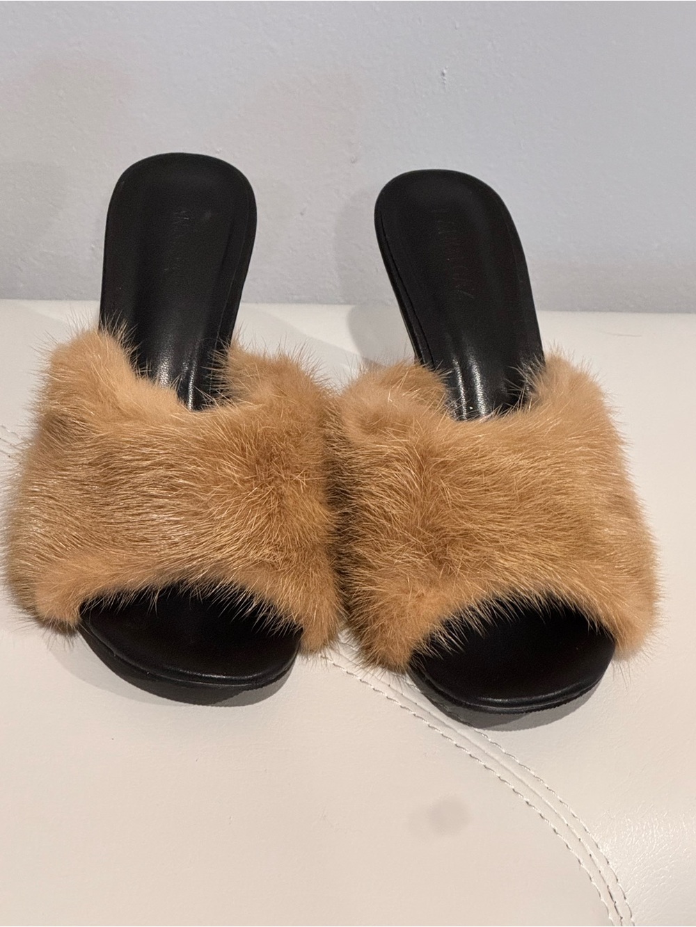 Manolo Blahnik Tan Fur Slide Mules with Black Footbed